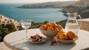 Bowl of pomegranate and oranges with a water jug on a sunlit limestone terrace table overlooking the sea