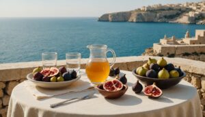 Ripe figs, pomegranate and cherries on a sunlit limestone terrace table with water jug, overlooking the Maltese sea