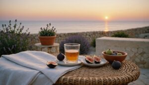 Quiet limestone terrace table at dusk with water, fresh figs and lavender, overlooking the Maltese sea