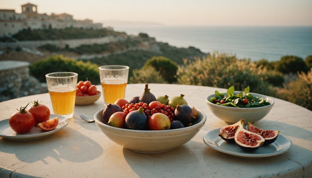 Fresh figs, pomegranate and greens with plain water on a sunlit limestone terrace table overlooking the Maltese sea