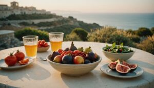 Fresh figs, pomegranate and greens with plain water on a sunlit limestone terrace table overlooking the Maltese sea