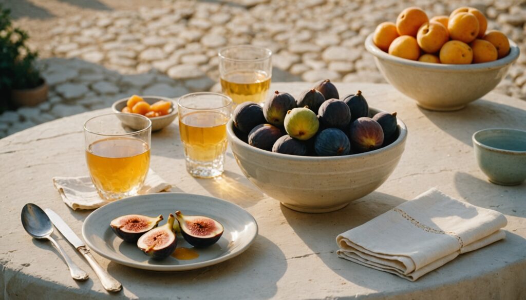 Calm Mediterranean terrace table with fresh figs, apricots, ricotta toast and water in warm golden light