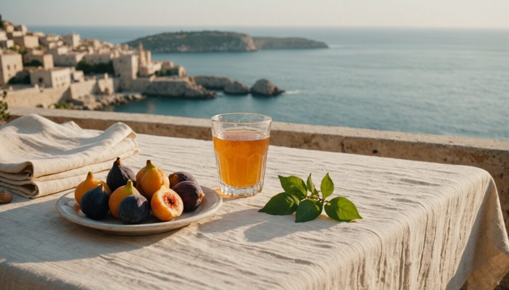 Limestone terrace table with water tumbler, figs, apricots and basil overlooking the calm Maltese sea at golden hour