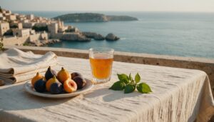 Limestone terrace table with water tumbler, figs, apricots and basil overlooking the calm Maltese sea at golden hour